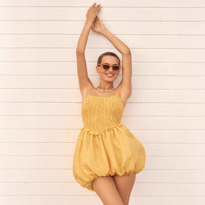 Women’s Mini Dress – Smocked Bodice – Crinkled Fabric – Spaghetti Straps – Flared Skirt