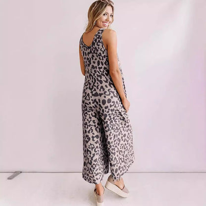 Women’s Jumpsuit – Sleeveless V-Neck – Loose Fit – Cropped Wide Leg – Leopard Print
