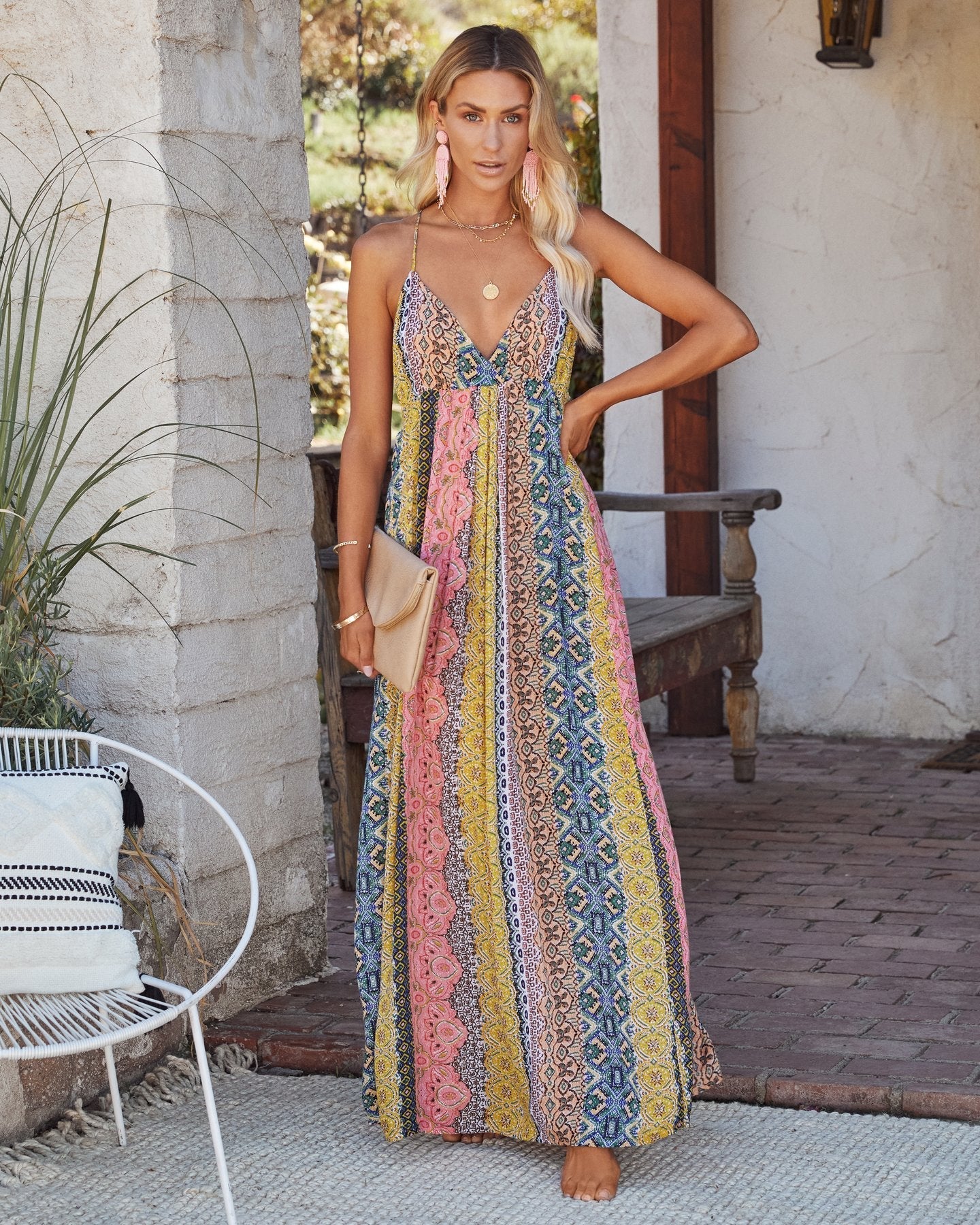 Women’s Maxi Dress – Cotton Blend – Relaxed Fit – V-Neck – Open Back – Printed