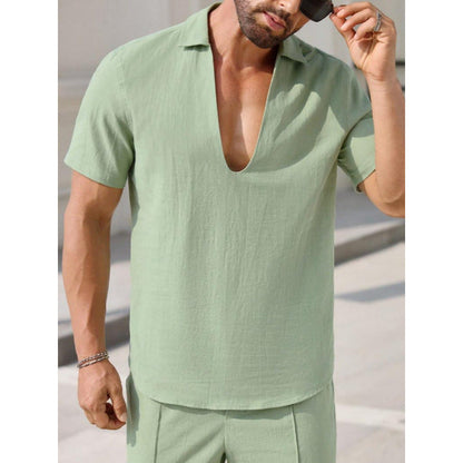 Men’s Two-Piece Set – Linen Blend – Relaxed Fit – V-Neck Shirt & Full-Length Pants