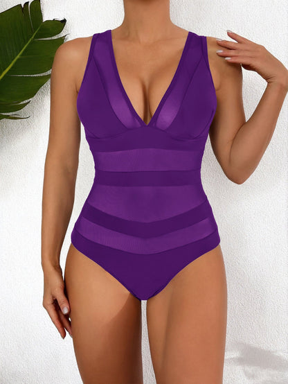 Women’s One-Piece Swimsuit – Form-Fitting – Mesh – Deep V-Neck – Sleek Finish
