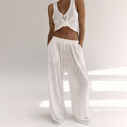 Women’s Loungewear Set – Soft Jersey – Twist-Front Crop Top – Wide-Leg Trousers