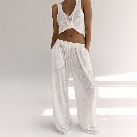 Women’s Loungewear Set – Soft Jersey – Twist-Front Crop Top – Wide-Leg Trousers