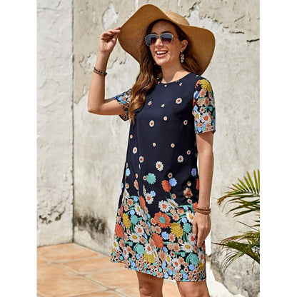 Women’s Midi Dress – Floral Print – Relaxed Fit – Short Sleeve