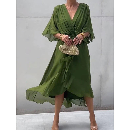 Women’s Maxi Dress – Relaxed Fit – Batwing Sleeves – Tie Waist – Asymmetrical Hem