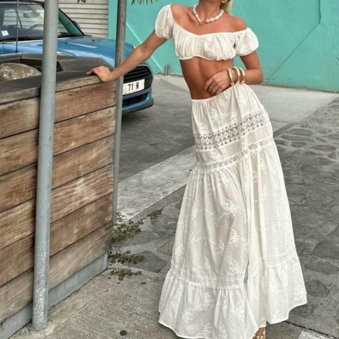 Women’s Two-Piece Set – Off Shoulder Crop Top – High Waist Tiered Maxi Skirt