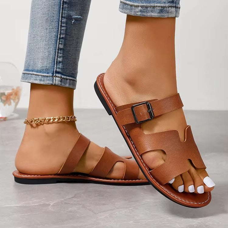 Women’s Sandals – Faux Leather Slip-On – Open Toe – Adjustable Buckle Strap – Flat Sole