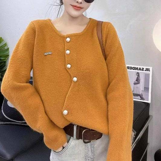 Women’s Knitted Cardigan – Relaxed Fit – Wool Blend – Pearl Button Front – Long Sleeve