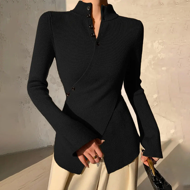 Women’s Knit Top – Slim Fit – High Neck – Asymmetric Hem – Long Sleeve – Button Detail