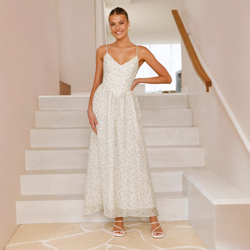 Women’s Maxi Dress – Floral Print – V-Neck – Sleeveless – Flared Fit – Back Bow Tie