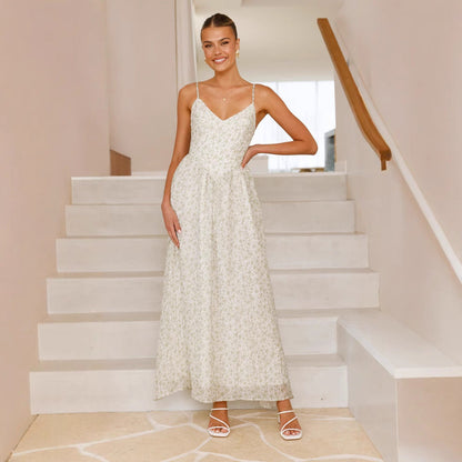 Women’s Maxi Dress – Floral Print – V-Neck – Sleeveless – Flared Fit – Back Bow Tie