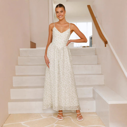 Women’s Maxi Dress – Floral Print – V-Neck – Sleeveless – Flared Fit – Back Bow Tie
