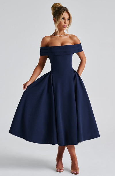Women’s Midi Dress – Off Shoulder – A-Line Fit – Elegant Formal Evening Wear