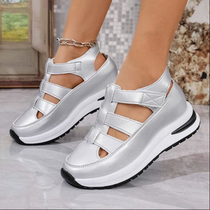 Women’s Wedge Sandals – Faux Leather – Closed Toe – Cut-Out – Velcro Strap – Cushioned Sole