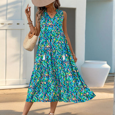 Women’s Dress – Lightweight Cotton – Sleeveless A-Line – Tiered Midi V-Neck