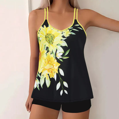 Women’s Tankini Set – Breathable Blend – V-Neck – Spaghetti Straps – Modest Swim Shorts