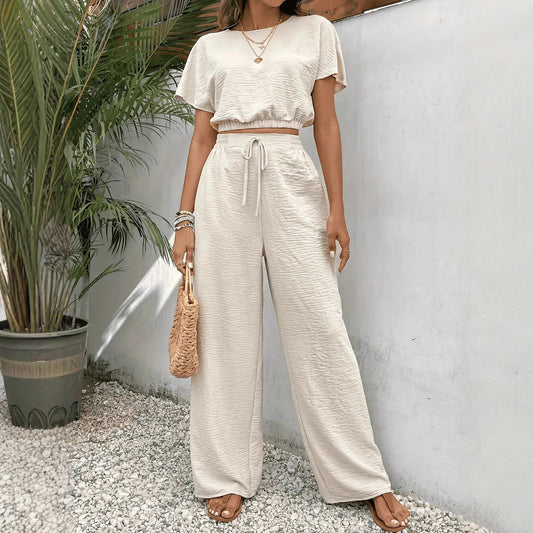 Women’s Two-Piece Set – Crop Top Batwing Sleeve – Wide-Leg Drawstring Trousers