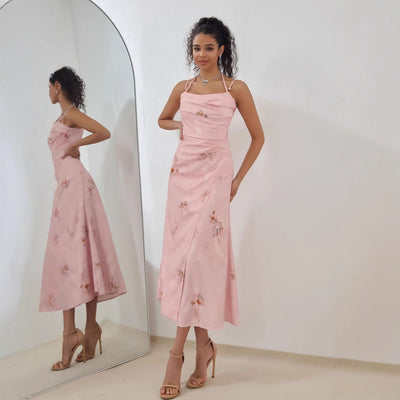 Women’s Midi Dress – Satin Feel – A-Line Fit – Strappy Draped Floral Formal Wear