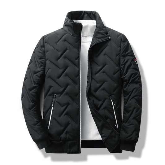 Men’s Quilted Jacket – Slim Fit – Chevron Pattern – Stand Collar – Zippered Pockets