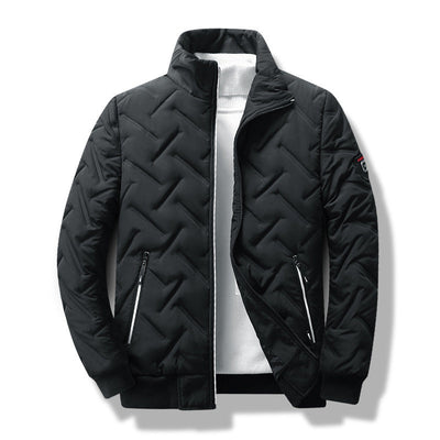 Men’s Quilted Jacket – Slim Fit – Chevron Pattern – Stand Collar – Zippered Pockets