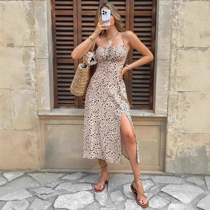 Women’s Midi Dress – Slim Fit – Ruched Bodice – Spaghetti Straps – Floral Print