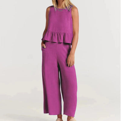 Women’s Set - Peplum Top – Lightweight Cotton Blend – Relaxed Fit – Wide Leg Pants