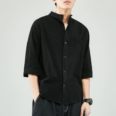 Men’s Shirt – Linen Cotton Blend – Relaxed Fit – Band Collar – 7/8 Sleeve Casual