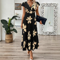 Women’s Maxi Dress – Wrap Style – Elegant Fit – Short Sleeve – Floral Pattern – Breathable Blend