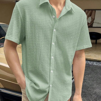 Men’s Short Sleeve Shirt – Cotton Blend – Regular Fit – Textured Button-Front Casual