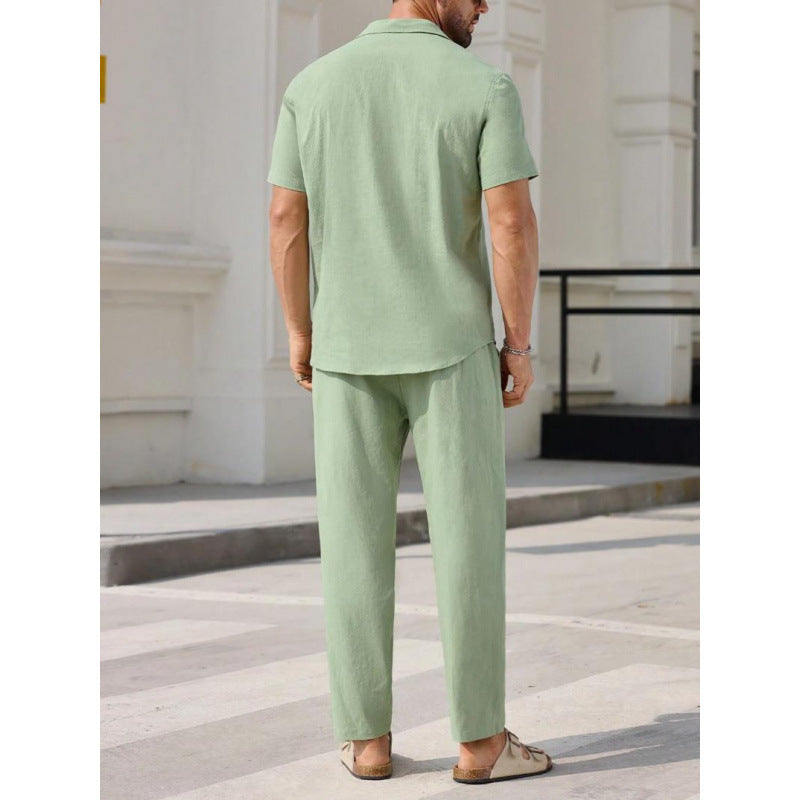 Men’s Two-Piece Set – Linen Blend – Relaxed Fit – V-Neck Shirt & Full-Length Pants
