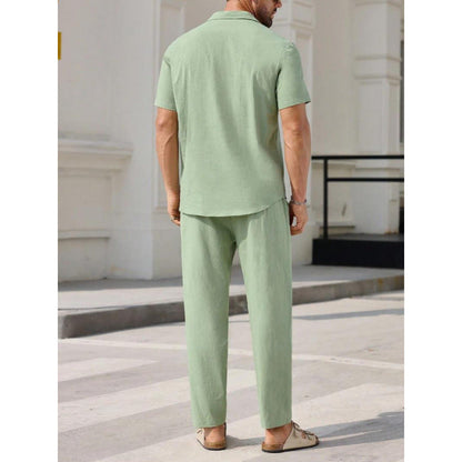 Men’s Two-Piece Set – Linen Blend – Relaxed Fit – V-Neck Shirt & Full-Length Pants