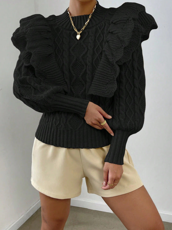 Women’s Knit Sweater – Cropped Fit – Cable Knit – Ruffle Shoulder – Long Sleeve