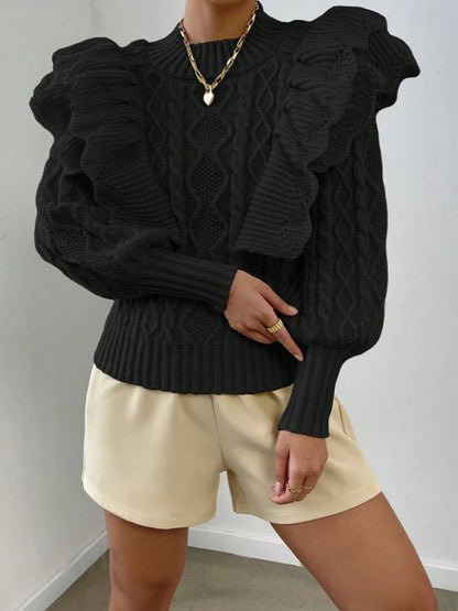 Women’s Knit Sweater – Cropped Fit – Cable Knit – Ruffle Shoulder – Long Sleeve