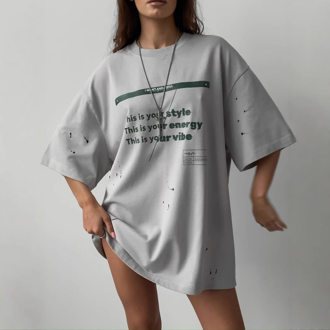 Women’s Oversized T-Shirt – Cotton Blend – Vintage Distressed Graphic – Casual Fit