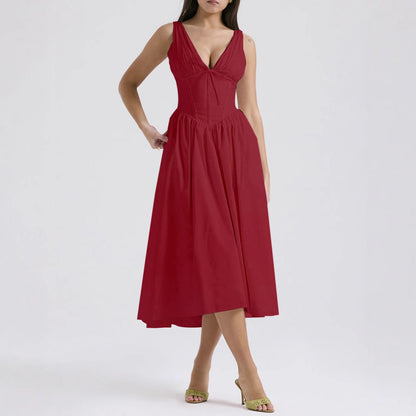 Women’s Midi Dress – Sleeveless V-Neck – A-Line Fit – Floral Print – Lightweight Fabric