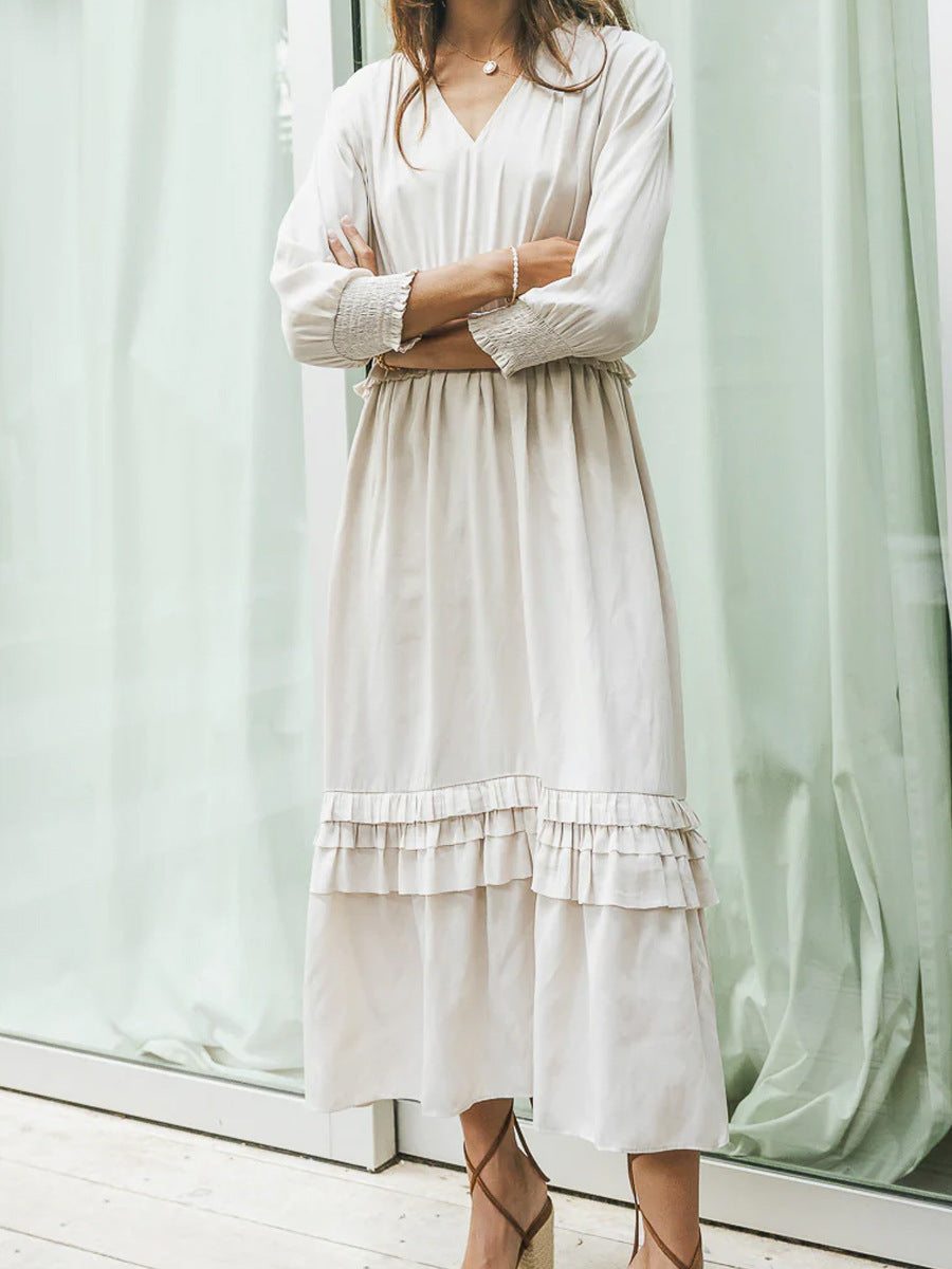 Women’s Midi Dress – V-Neck – Tiered Ruffle Hem – Long Sleeve – Cotton Blend – Relaxed Fit