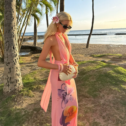Women’s Maxi Dress – Slim Fit – Halter Neck – Deep V-Neck – Floral Mesh Elegant Style
