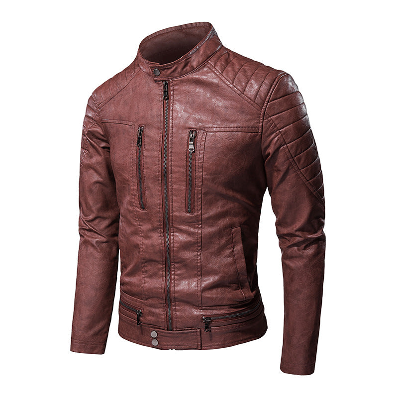 Men's casual pu leather jacket with stand-up collar