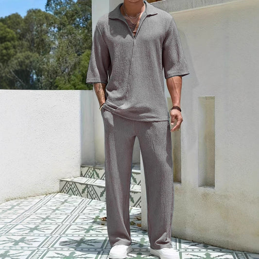 Men’s Casual Set – Textured Lightweight Fabric – Relaxed Fit – Half-Zip Shirt & Trousers