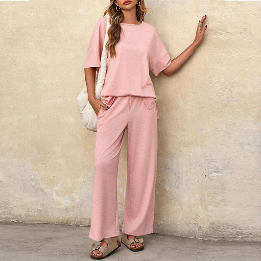 Women’s Two-Piece Set – Cotton Blend – Relaxed Fit – Short Sleeve Top & Wide-Leg Trousers