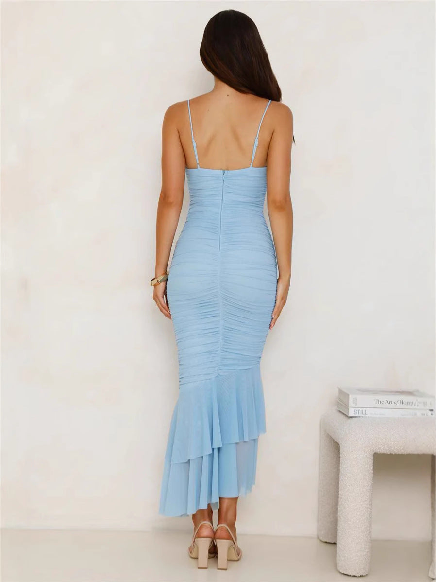 Women’s Spaghetti Strap Dress – Slim Fit – Ruched Body – Floral Appliqué – Ruffle Hem