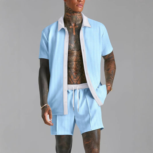 Men’s Shirt and Shorts Set – Cotton Blend – Relaxed Fit – Revere Collar – Drawstring Waist