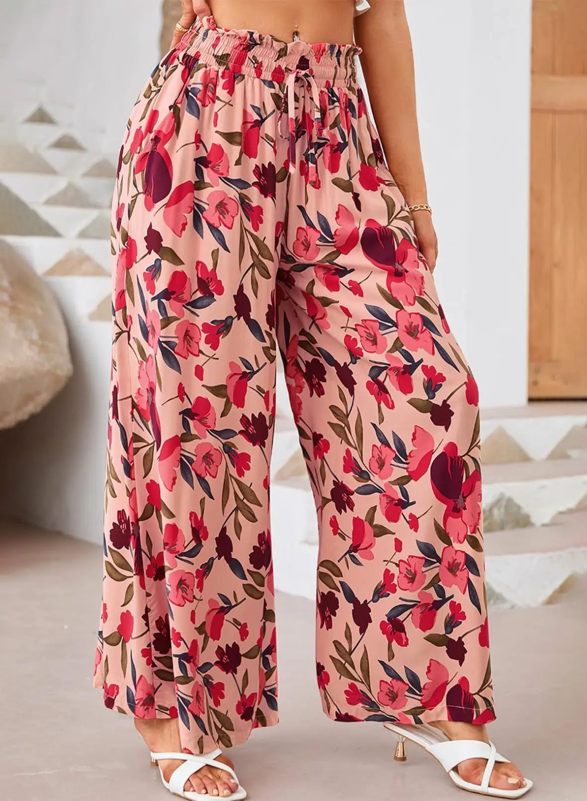 Women’s Wide-Leg Pants – Chiffon – High Waist – Floral Print – Drawstring Elastic Waist