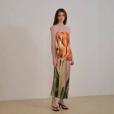 Women’s Strapless Midi Dress – Abstract Print – Lightweight Flowing Fit