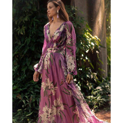 Women’s Maxi Dress – Chiffon Floral – V-Neck – Relaxed Fit – Long Sleeve Elegant Wear