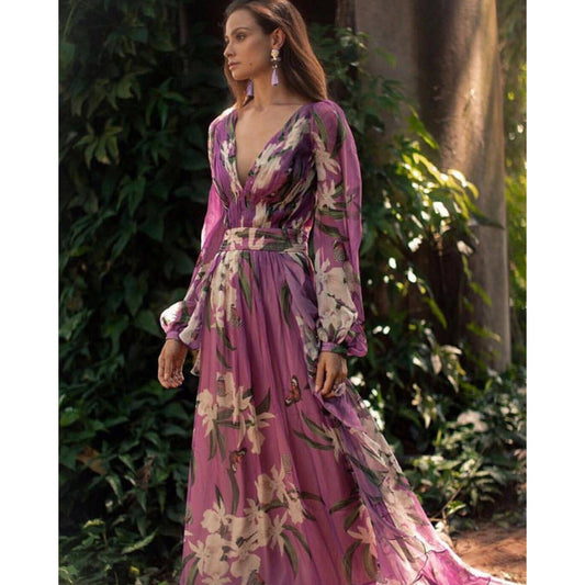 Women’s Maxi Dress – Chiffon Floral – V-Neck – Relaxed Fit – Long Sleeve Elegant Wear