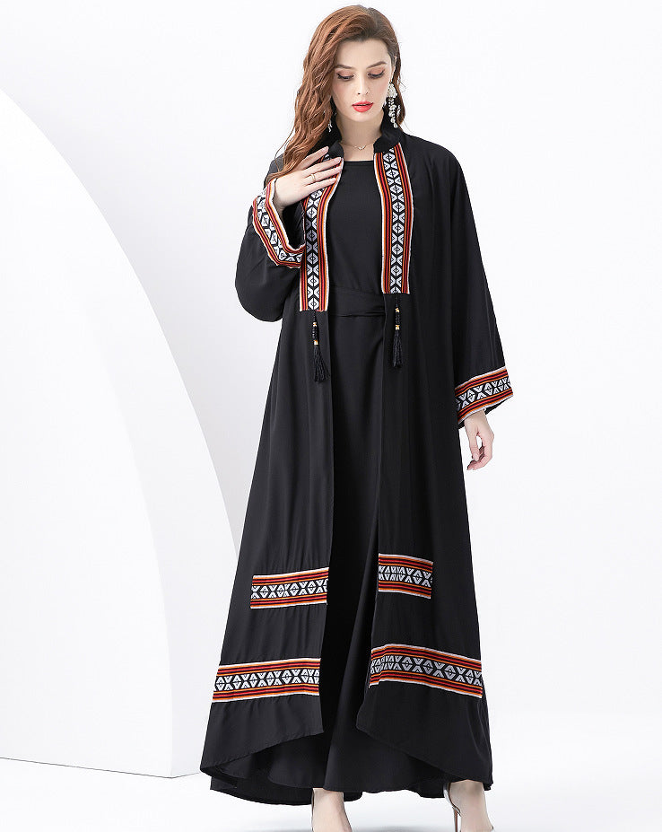 Women’s Two-Piece Set – Bohemian Robe & Sleeveless Dress – Embroidered Detail – Tassel Tie – Relaxed Fit