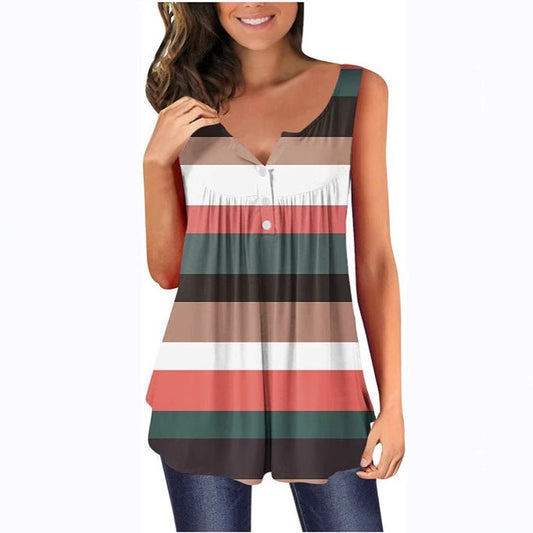 Women’s Tunic Top – Relaxed Fit – Sleeveless Striped – Breathable Blend – Button Neck