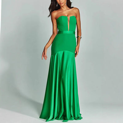 Women’s Strapless Gown – Satin Finish – Slim Fit – Plunging Neckline – Floor Length