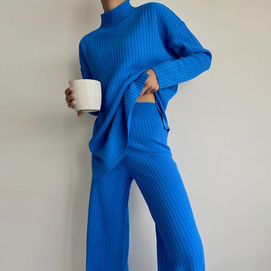 Women’s Knit Set – Ribbed Two-Piece – Relaxed Fit – Semi-High Neck – Full Length
